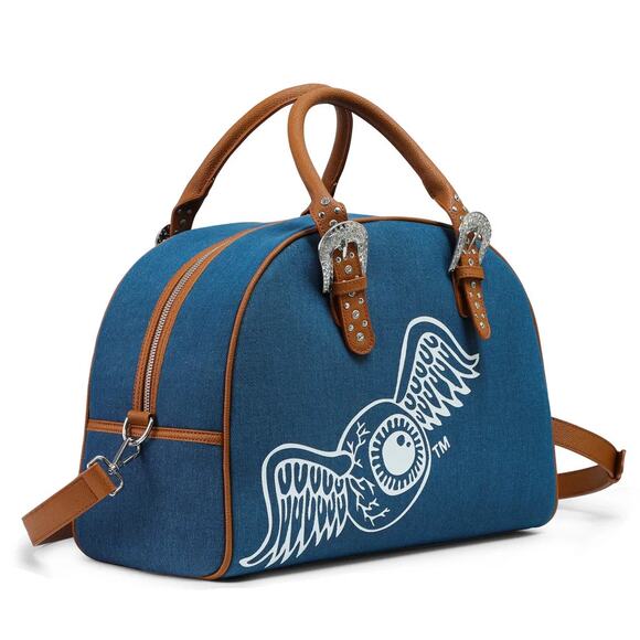 Von Dutch Denim Blue Brown Bowling Bag Large Studded Handle Duffel 16" x 12" - Picture 10 of 10